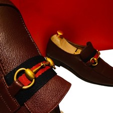 $949.00!GUCCI MEN LUXURY BURGUNDEY PEBBLED LEATHER RIBBON BITS LOAFERS SIZE UK 6