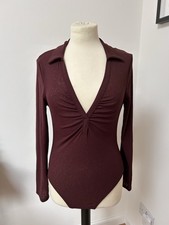 Miss Selfridge Burgundy Low V Neck Collared Long Sleeve Bodysuit - Size 14