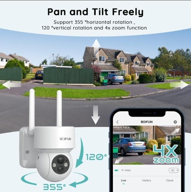 BOIFUN Outdoor Wireless Solar Security Camera 360° PTZ Home WiFi Battery CCTV