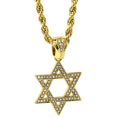 14K Gold Pt Iced 5 Pointed Star Pendant w 24" Rope Chain KC7161 