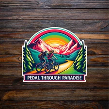 Mountain bike sticker vinyl decal pedal through paradise woods sunset laptop