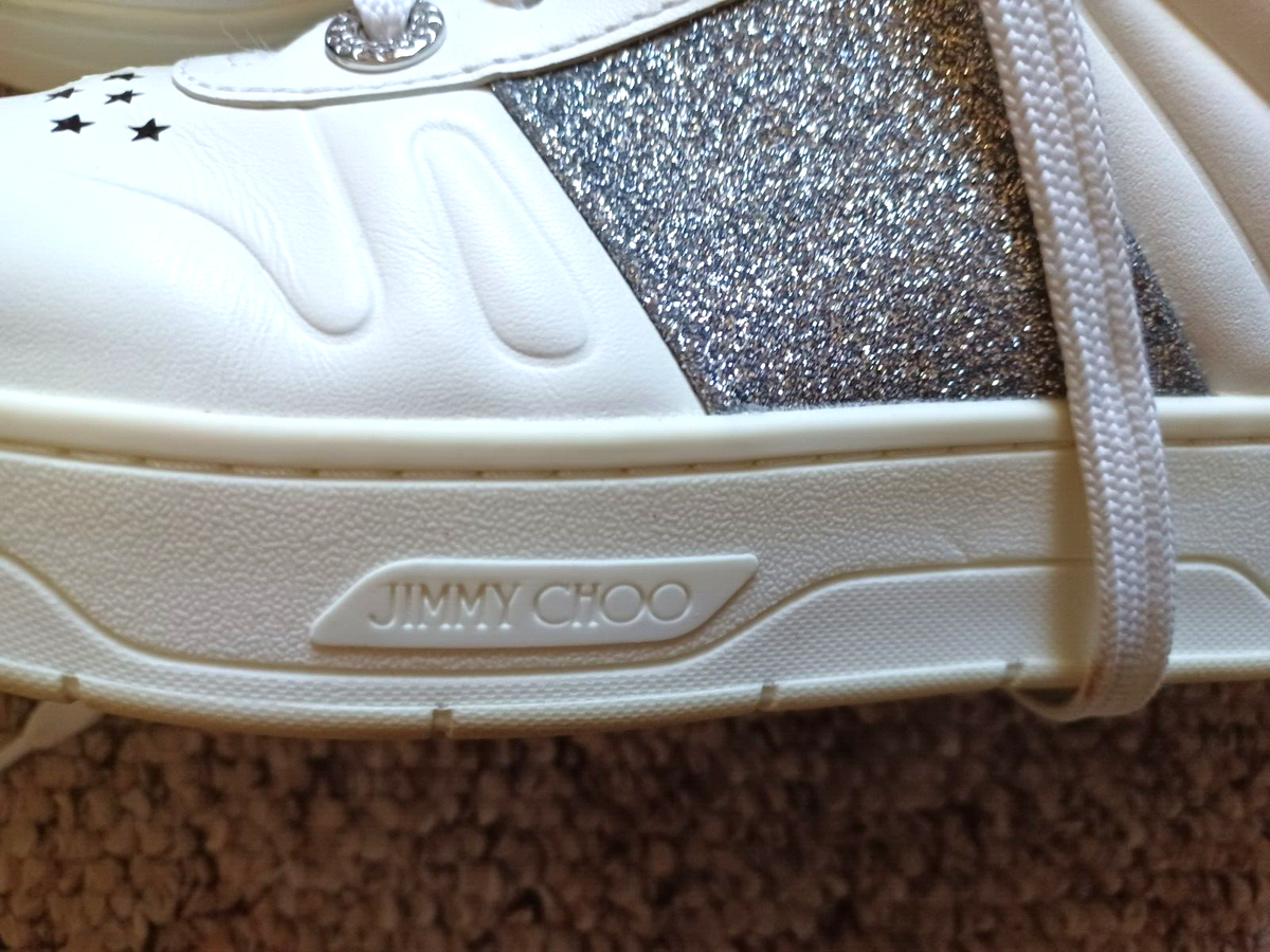 Jimmy Choo Hawaii Leather Lace-Up Sneakers White/Silver Glitter Sz