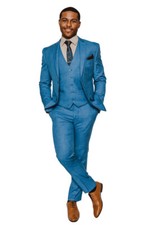 Slim Fit 2 Button 3 Piece Vested Mens Suit Blue Windowpane Plaid 16308 AZARMAN