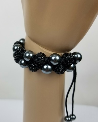 Black Crystal/Black Pearl Pave Ball Bead HQ Women\Men Bracelet Black Cord - Picture 9 of 9