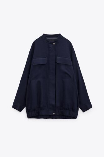 ZARA NAVY BLUE OVERSIZED LINEN BLEND LONGLINE BOMBER JACKET SIZE L UK 12-14 - Picture 6 of 10