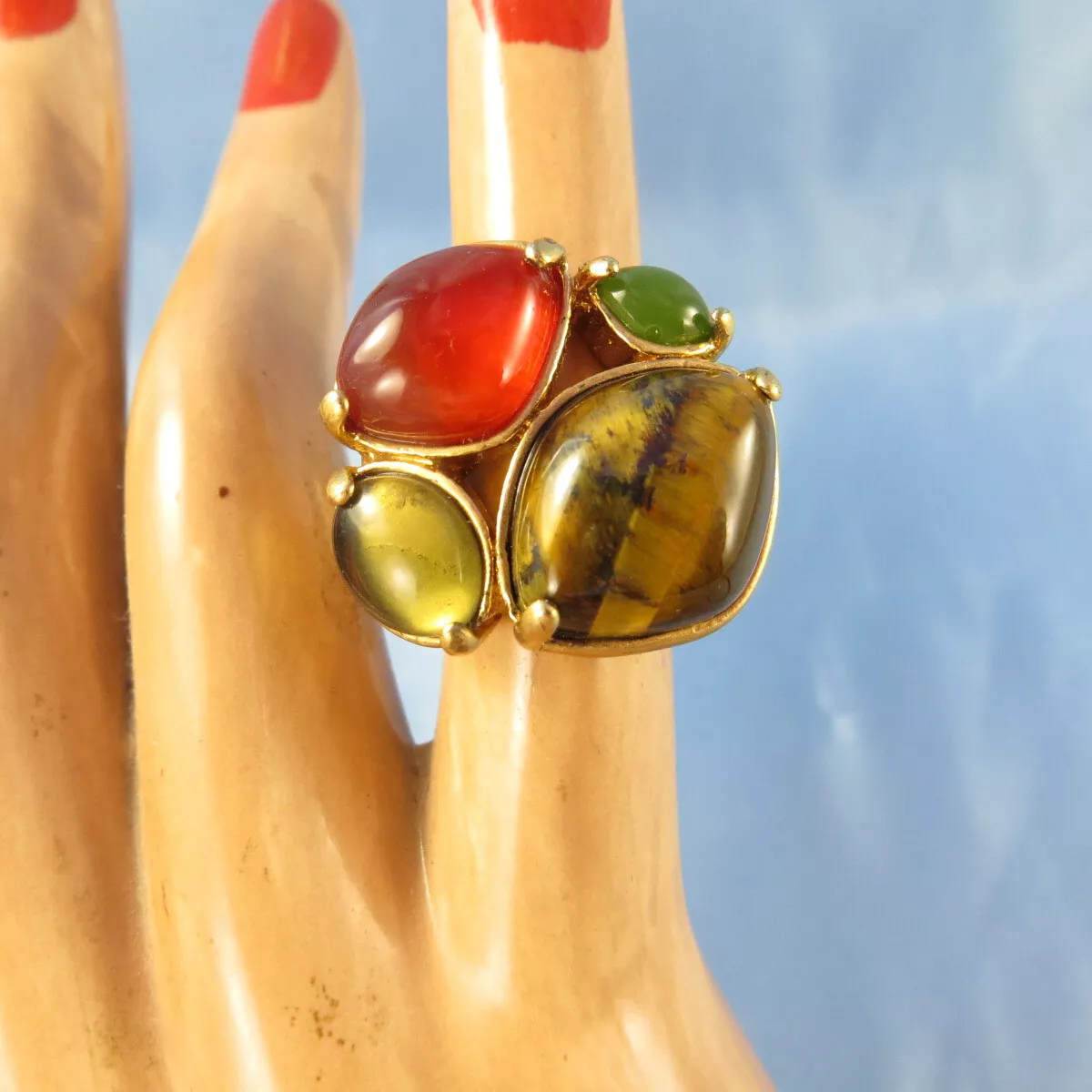 LIA SOPHIA Matte Gold Tone Glass Stones RING Size 5.5 Tigers Eye