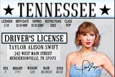 Taylor Swift Drivers License on a 3.4” x 2.2” Laminated ID Card.