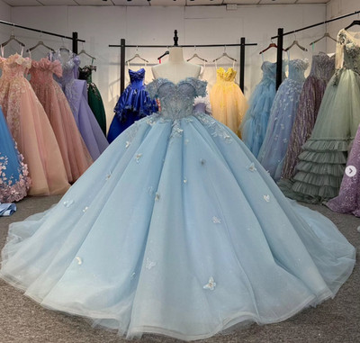 Sky Blue Quinceanera Dresses Butterfly Sweet 15 16 Glitter Party