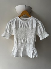 Topshop White Smocked Top Size XS Puff Sleeve Stretch Peplum Blouse