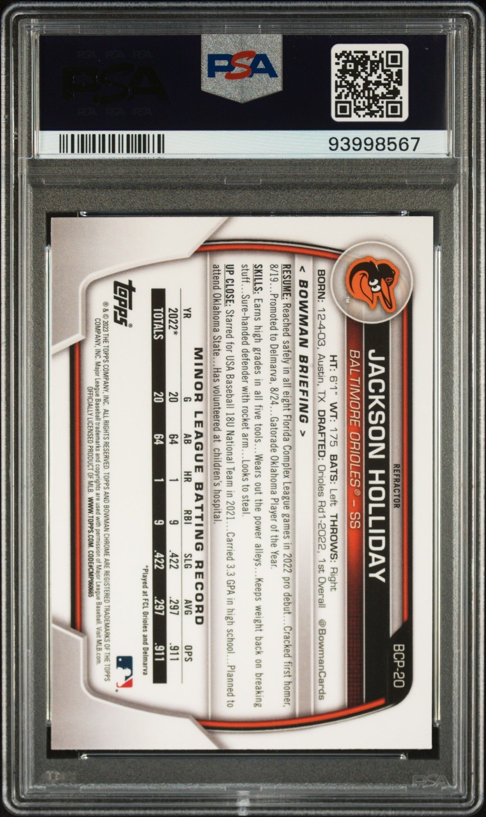 2023 Bowman Chrome Prospects Jackson Holliday BCP-20 Lunar Glow Refractor PSA 10 view 2