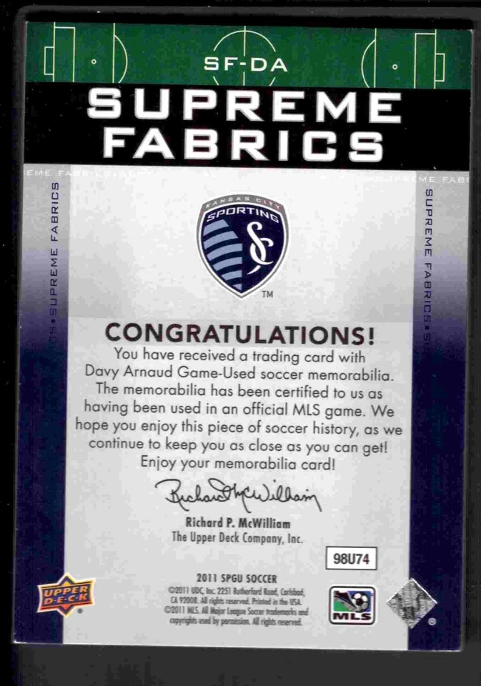 2011 SP Game Used MLS Supreme Fabrics Davy Arnaud 4/15 Sporting Kansas City auto - Image 2 of 2
