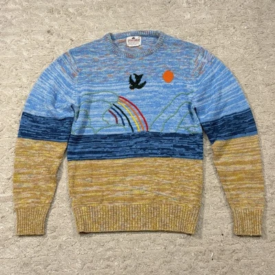 True Vtg 70s Landscape Rainbow Bird Seascape Knitted Embroidered Sweater Size S - Image 1 of 4