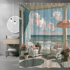 Pastel Beach Porch Scene Shower Curtain Ocean Patio Art