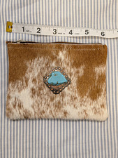 Hair-On Hide Leather Zip Coin Purse Pouch w/ Turquoise Stone Concho Western