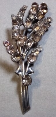 Vintage Silver Tone Czechoslavakia Clear Smoky Gray Rhinestone Brooch Floral