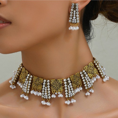 Vintage Women's Collor Choker Pendant Bib Rhinestone Necklace Stud Earrings Set - Picture 4 of 7