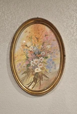 Vtg Syroco Oval Framed Floral Painting signed "Clifford" Approx. 21.5"H x 15.5"W
