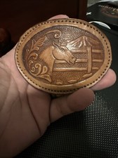 VTG Tooled Leather Horse Belt Buckle Unisex Brown Western Handmade