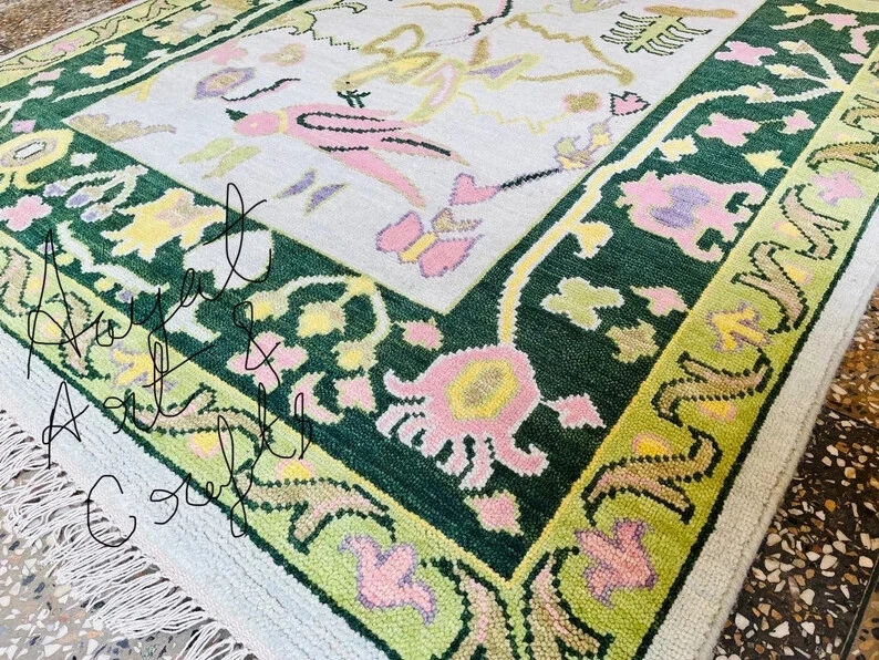 HandKnotted Handmade Oushak Carpet Area Pattern Green Border Bird Rug 5x8,6x9 - Image 4 of 4