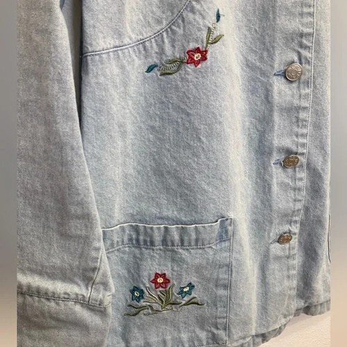 Giacca da lavoro donna vintage anni 90 denim lavaggio chiaro ricamata floreale, grande - Foto 6 di 10