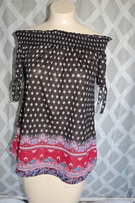 Womens Top BLACK WHITE FILIGREE On / Off Shoulder PAISLEY Burgundy Coral 2X