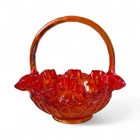 Fenton Glass Amberina Orange Thumbprint Basket w/Ruffled Top, 7x7”
