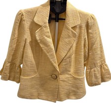 Nicole by Nicole Miller Yellow Tweed Ruffle Bell Sleeve Cropped Blazer Jacket 10