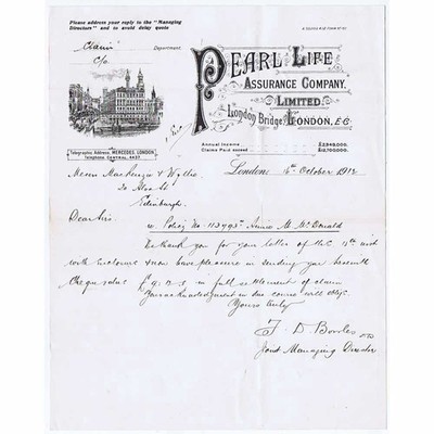1912 Billhead, Pearl Life Assurance Co, London Bridge, London