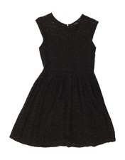 VINTAGE Womens Sleeveless A-Line Dress UK 12 Medium Black Floral Cotton DE49