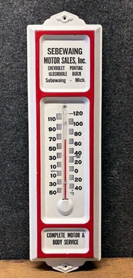Vtg 60s Sebewaing MI Motor Sales Chevy Pontiac Buick Metal Thermometer Sign 13 