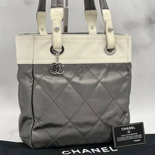 CHANEL Shoulder Bag: Paris-Biarritz PM Silver Coated Canvas w/ G Card ;01