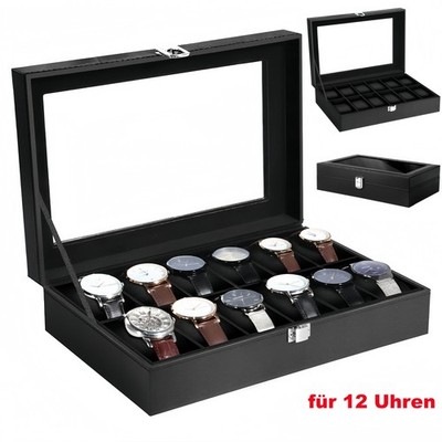 Uhrenbox Uhrenkoffer für 12 Uhren Uhrenkasten Uhrenschatulle Uhrentruhe Schwarz