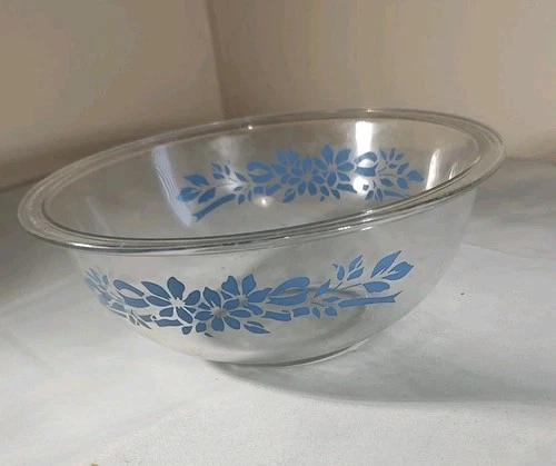 Mixing Bowl Clear Glass Blue Ribbon Corn Flowers Design from Pyrex