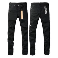 KSUBIS  Jeans High Street Leather Ripped Patch Retro Wash Old Stretch pants