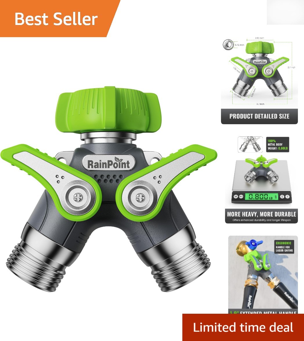 Heavy-Duty 2 Way Garden Hose Splitter - 100% Metal, Leak-Proof Design