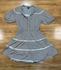 Ann Taylor Flare Midi Black White Striped Crochet Tie Back Short Sleeve Size M