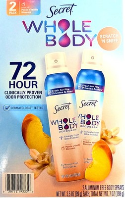 Secret Whole Body Deodorant Peach & Vanilla Scent 2 Packs-3.5 Oz Spray