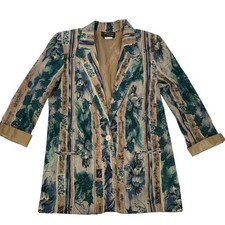 Toni Garment CC Magic Vintage Floral Blazer Jacket Teal Tan Medium Womens