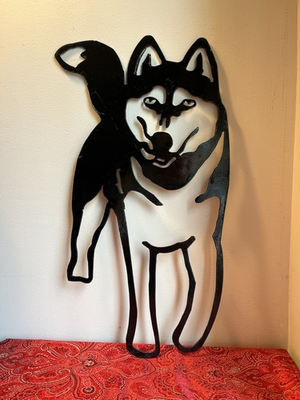 #ad Black Enameled Painted Metal Dog Cutout Wall Decor Husky GSD Lg 17.5x9quot; Sturdy $29.99