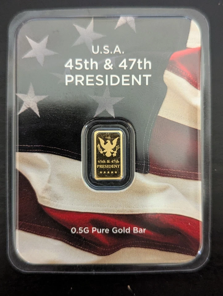 Barra de oro 999 de 0,5 gramos del presidente Trump 45 y 47 de Estados Unidos en ensayo de bandera Foto 3 de 3