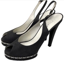 Chanel Black Peep toe platform sling back heel with white leather chain Size 37