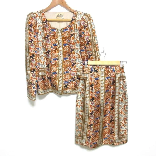 HERMÈS HERMES CHASSE EN INDE indiano caccia seta 100 senza colletto giacca gonna set 38 Mult