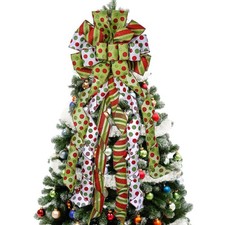 Christmas Tree Topper Wreath Bow Large Green Christmas Bow Tree Topper, Red G...
