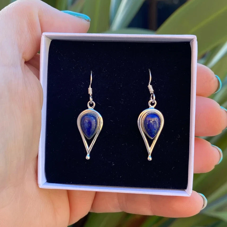 Teardrop Dangle Earrings Lapis Lazuli Gemstone Women Earrings Drop Earrings - Image 2 of 4