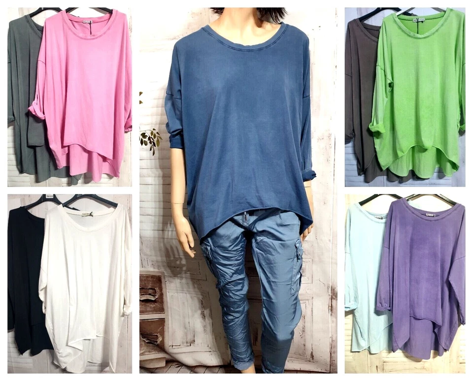 NEW COLLECTION Damen Langarm Shirt vokuhila basic uni+Leo viele Farben oversize bis Gr. 46/48