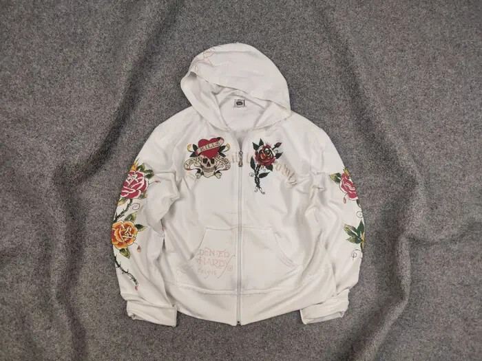 Vintage Ed Hardy Designs White Tattoo Logo Zip Hoodie Y2K Style | eBay