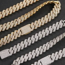 20mm Hip Hop Zircon Rhomboid Cuban Chain Necklace Bracelets Gold Plated