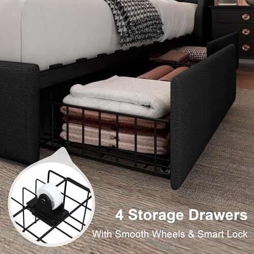 Upholstered Size Bed Frame with 4 Storage Drawers, Storage Bed Queen