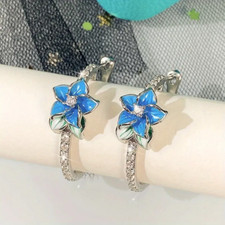 Blue Boho Cubic Zirconia Fancy Crystal Flower Hoop Earrings Women's Jewelry Gift