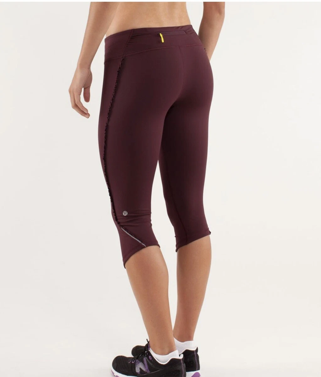 Lululemon Run Fast Free Crop Ruffle Tonka Stripe Maroon Leggings